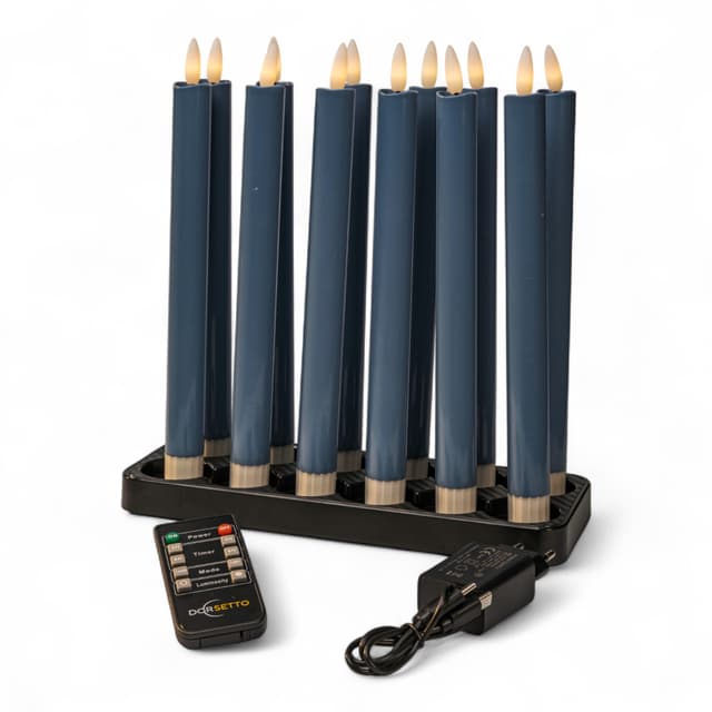 Led dinerkaarsen blauw, timerfunctie, oplaadbaar, tot 400 uur brandduur, set van 12
