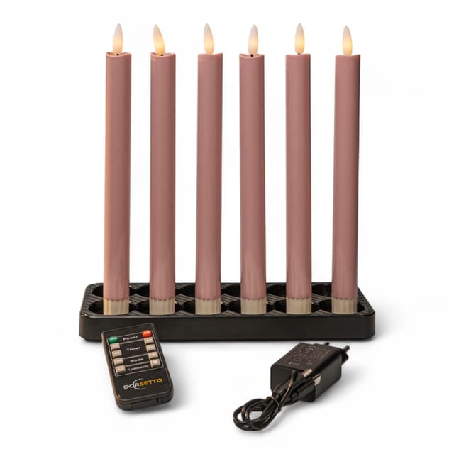 LED dinerkaarsen roze 250 mm – set van 6, oplaadbaar, dimbaar en met afstandsbediening