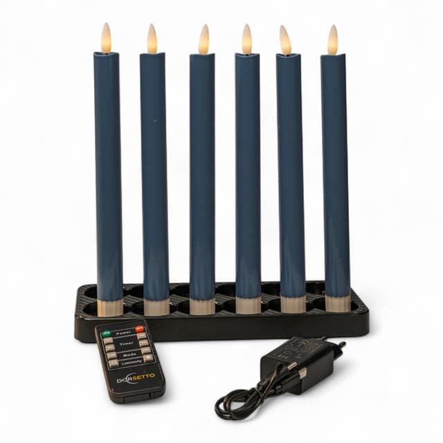 LED dinerkaarsen blauw 250 mm ā set van 6, oplaadbaar, dimbaar en met afstandsbediening