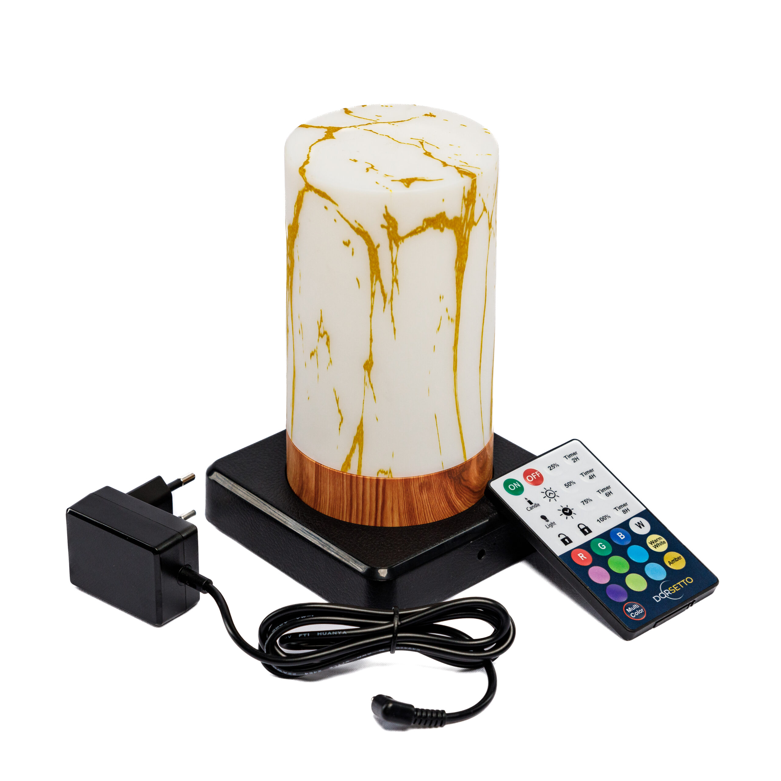 Tischlampe DORSETTO wiederaufladbar 105 Stunden – wasserdicht – Zylinderform – Marmor Gold Holzoptik – mit Fernbedienung