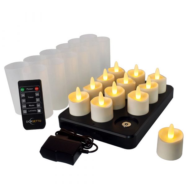 Oplaadbare LED-waxine/theelichtjes brandtijd 105 uur warm wit waterdicht 12 stuks afstandsbediening Dorsetto | Led Waxine Lichtjes