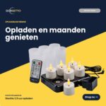 Zes oplaadbare 3D-LED-theelichtjes (tot 400 uur), met afstandsbediening, timerfunctie, oplaadstation en kabels op een geel-blauwe achtergrond met Nederlandse tekst die het gemakkelijke opladen en het langdurige gebruik benadrukt.