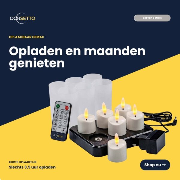 Zes oplaadbare 3D-LED-theelichtjes (tot 400 uur), met afstandsbediening, timerfunctie, oplaadstation en kabels op een geel-blauwe achtergrond met Nederlandse tekst die het gemakkelijke opladen en het langdurige gebruik benadrukt.