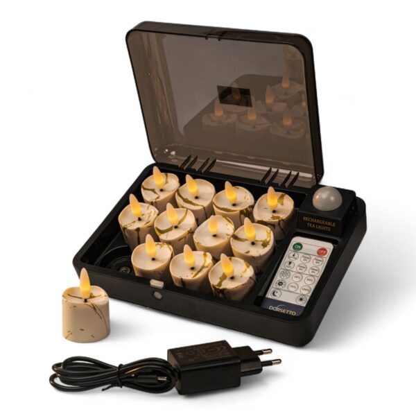 De 3D oplaadbare LED-Waxine/theelichtjes set bevat 12 stuks in een laadstation, inclusief afstandsbediening en adapter. Ze bieden tot 400 uur zachtgeel licht en beschikken over een handige timerfunctie.
