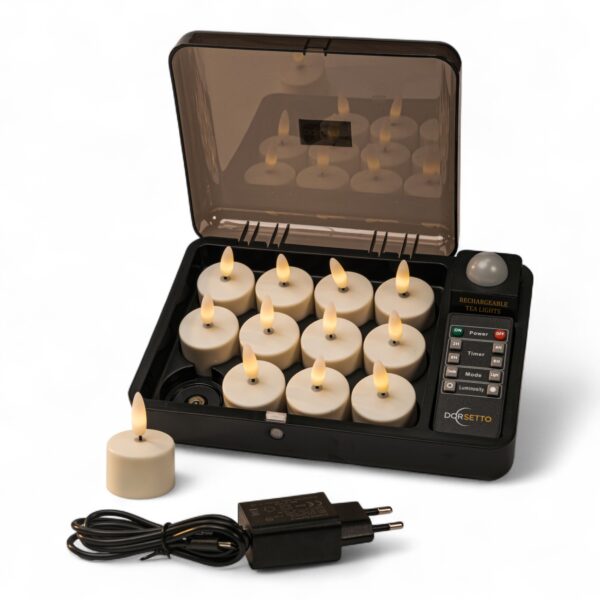 Home 10 De LED waxinelichtjes 3D set bevat 12 oplaadbare theelichtjes (tot 400 branduren) met een timer, in een zwarte oplaaddoos met transparant deksel, plus een adapter en afstandsbediening.