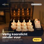 Set van 12 oplaadbare LED waxinelichtjes (3D vlam, tot 400 uur brandtijd) met afstandsbediening en timerfunctie. Geniet van veilig, warm licht zonder vlam. Klik op 'Shop nu' rechtsonder om eenvoudig te bestellen.