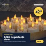 Een gouden schaal toont 12 LED waxinelichtjes 3D met warme vlammen. Ze zijn elk oplaadbaar, bieden tot 400 uur brandtijd, zijn voorzien van een timerfunctie en worden geleverd met een afstandsbediening voor een stijlvolle, vriendelijke sfeer.