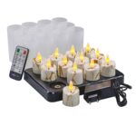 De 3D oplaadbare LED-Waxine/theelichtjes set bevat 12 vlamloze kaarsen met een timerfunctie, afstandsbediening, zwart oplaadplateau, voedingsadapter en 12 matte houders. Elke kaars biedt een realistische gloeiende vlam en tot 175 branduren.