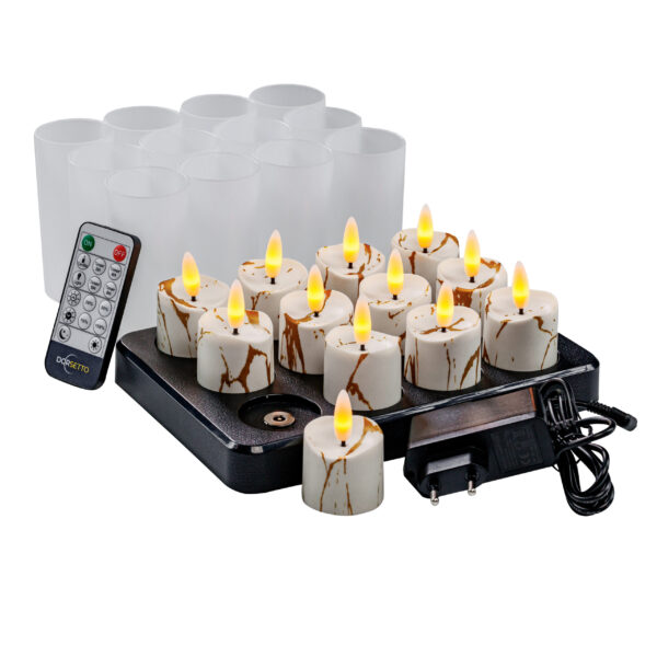 De 3D oplaadbare LED-Waxine/theelichtjes set bevat 12 oplaadbare kaarsen met wasdruppels, timerfunctie, afstandsbediening, oplaadlade, voedingsadapter en 12 matte houders. Brandduur: 175 uur. Alles weergegeven op een witte achtergrond.