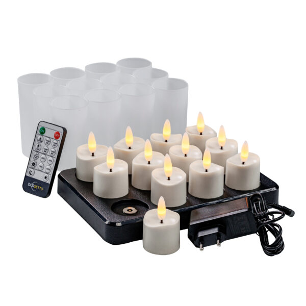 De 3D oplaadbare LED-thee/waxinelichtjes (12 stuks, 175 uur) met afstandsbediening en timerfunctie worden geleverd met lader, adapter en 12 frosted houders - alles op een witte achtergrond.