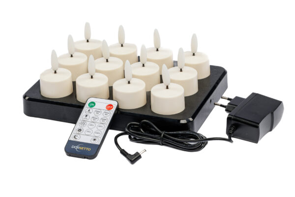 De LED waxinelichtjes 3D (12 stuks) zijn oplaadbaar, hebben een brandtijd van 175 uur, worden geleverd met afstandsbediening en timerfunctie.