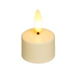 Een set van 12 oplaadbare LED waxinelichtjes, elk met een 3D geel vlamvormig licht, witte basis, 175 uur looptijd, timerfunctie en afstandsbediening, weergegeven tegen een effen witte achtergrond.