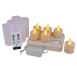 Een set van zes oplaadbare LED-Teelichter mit Kerzenwachsoptik (Brenndauer 58-68 Std.), inclusief afstandsbediening, witte oplaadbasis, voedingsadapter en zes matte afdekplaatjes, geplaatst op een wit oppervlak.