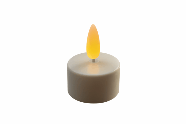 Een kleine, beige Oplaadbare waxinelichtjes Jitney No 293 LED waxinelichtje met een gele vlamvormige punt, die tot 250 uur brandtijd biedt, gefotografeerd tegen een effen witte achtergrond.