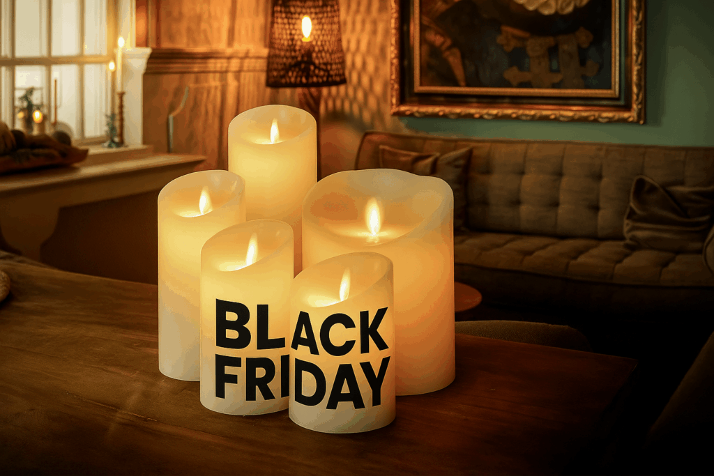 Vijf gloeiende kaarsen staan op een houten tafel in een gezellige woonkamer. Op de twee voorste kaarsen staat in vette zwarte letters BLACK FRIDAY. Op de achtergrond zijn een bank en een schilderij te zien.