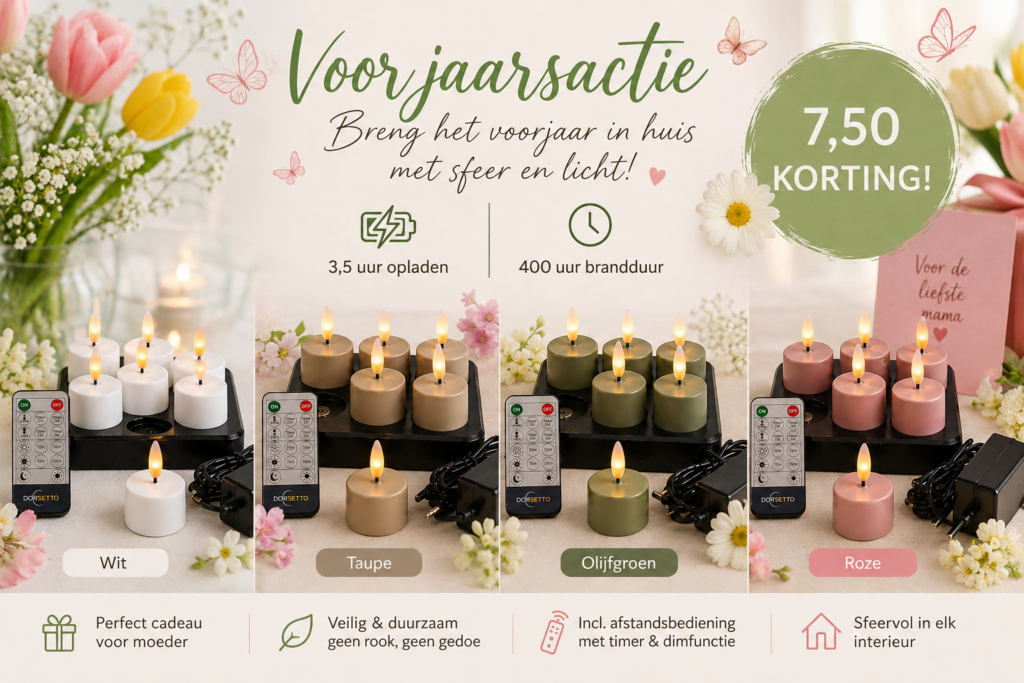 Promotieafbeelding voor vlamloze LED-kaarsen in wit, taupe, olijfgroen en roze. Inclusief afstandsbedieningen, oplaadhouders en pictogrammen die kenmerken benadrukken zoals veiligheid, geschiktheid voor cadeaus en een kortingsaanbieding van €7,50.