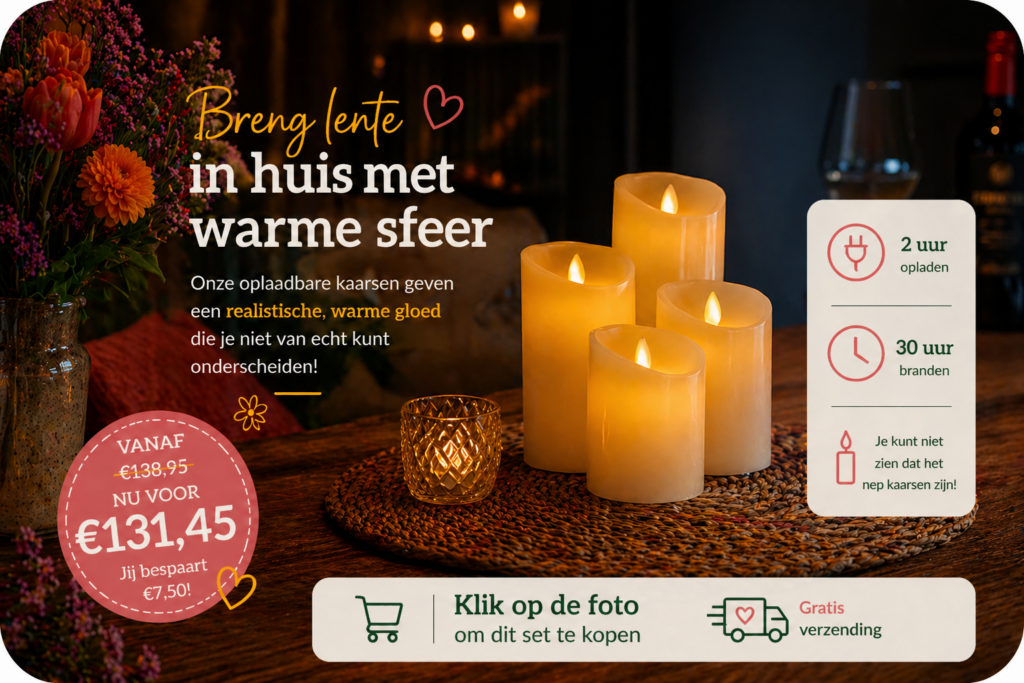 Een gezellig tafereel met vier gloeiende oplaadbare kaarsen op een tafel, omringd door herfstbloemen. Tekst benadrukt hun realistische warme gloed, 2 uur opladen, 30 uur brandtijd en speciale gereduceerde prijs.