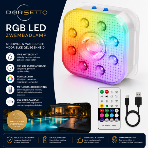 Vierkante RGB LED zwembadlamp geeft kleurrijk licht; afgebeeld met afstandsbediening en USB-oplaadkabel. Nederlandse tekst benadrukt functies zoals waterdicht ontwerp, meerdere kleuren, oplaadbare batterij en geschiktheid voor zwembaden en buitengebruik.