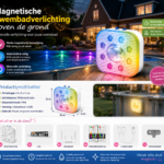 Productafbeelding voor magnetische bovengrondse zwembadverlichting, met een kleurrijke vierkante LED-verlichting bij een zwembad in de schemering. Inclusief productspecificaties, inhoud en functies zoals RGB-verlichting, magnetische bevestiging en oplaadbare batterij.