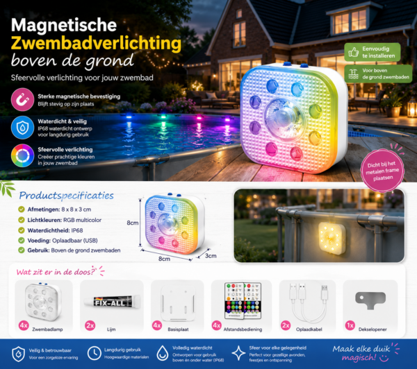 Productafbeelding voor magnetische bovengrondse zwembadverlichting, met een kleurrijke vierkante LED-verlichting bij een zwembad in de schemering. Inclusief productspecificaties, inhoud en functies zoals RGB-verlichting, magnetische bevestiging en oplaadbare batterij.