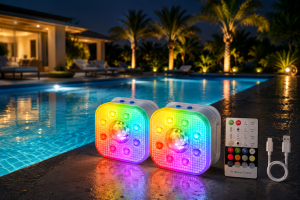 Twee vierkante, veelkleurige LED zwembadlampen met afstandsbediening en USB-kabel zijn 's nachts aan de rand van een verlicht zwembad geplaatst, met palmbomen en een modern huis op de achtergrond.