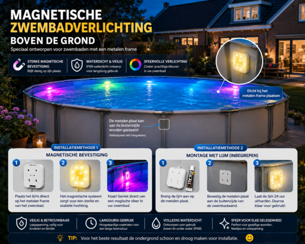 Een zwembad in de achtertuin met gloeiende LED-lampjes op het metalen frame bij nacht. Tekst legt magnetische en zelfklevende installatiemethoden uit voor de waterdichte zwembadverlichting op zonne-energie, met veiligheidsfuncties en hoogtepunten van het product.