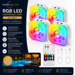 Vier kleurrijke RGB LED zwembadlampen worden weergegeven met levendige kleuren, naast twee afstandsbedieningen, twee USB-oplaadkabels en pictogrammen die functies benadrukken zoals waterdichtheid, afstandsbediening en lange levensduur van de batterij. Nederlandse tekst geeft productdetails.
