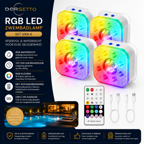 Vier kleurrijke RGB LED zwembadlampen worden weergegeven met levendige kleuren, naast twee afstandsbedieningen, twee USB-oplaadkabels en pictogrammen die functies benadrukken zoals waterdichtheid, afstandsbediening en lange levensduur van de batterij. Nederlandse tekst geeft productdetails.