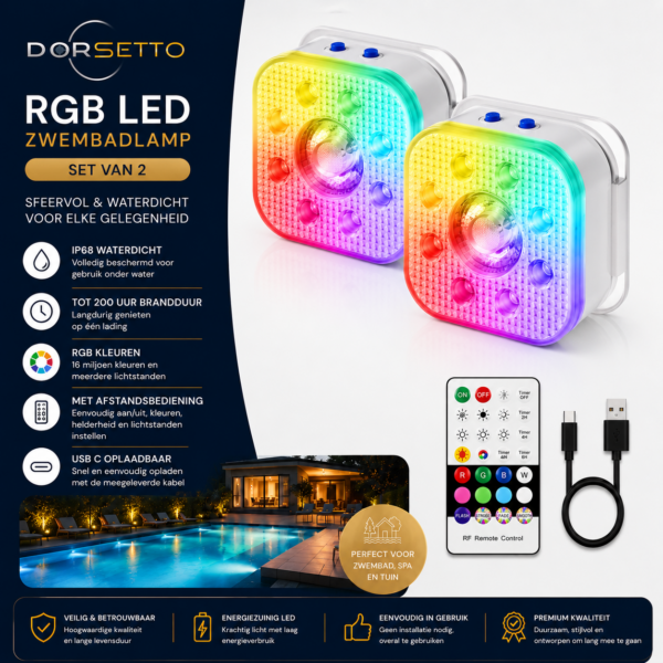 Twee vierkante RGB LED zwembadlampen met regenboogkleuren worden getoond, samen met een afstandsbediening, USB-oplaadkabel en productinformatie in het Nederlands. Een zwembad in de schemering wordt afgebeeld, wat het gebruik van de producten voor sfeer en waterdichtheid benadrukt.