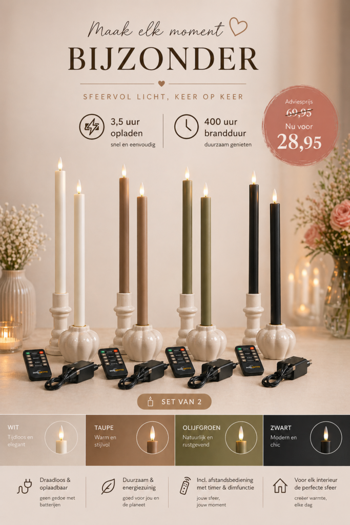 Een promotionele afbeelding voor oplaadbare LED-kaarsen in crème, taupe, olijfgroen en zwart, weergegeven in witte houders. Inclusief afstandsbedieningen, productkenmerken en kortingsprijs van €69,95 naar €28,95. Tekst is in het Nederlands.