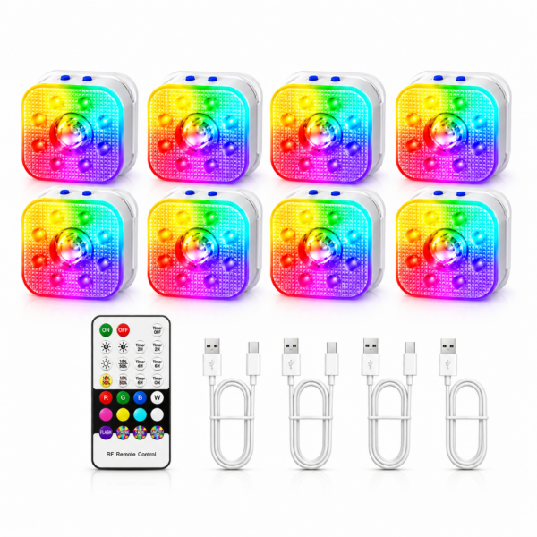 Home 12 De DORSETTO Premium Zwembad Verlichting Set van 8 bevat luxe oplaadbare LED-lampen met regenboogkleuren, twee rijen van vier, geleverd met afstandsbediening en vier USB-oplaadkabels voor maximaal 200 uur verlichting.