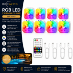 DORSETTO Premium Zwembad Verlichting Set van 8: Luxe oplaadbare vierkante RGB LED lampen, waterdicht ontwerp, afstandsbediening, USB-kabels en Nederlandstalige handleiding. Tot 200 uur merkduur. Geschikt voor zwembad of buitengebruik.