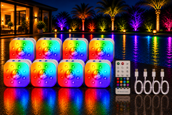 Kleurrijke LED-zwembadspeeltjes op een nat oppervlak naast een zwembad bij nacht, met hun veelkleurige lichtjes die oplichten. Er worden ook vier USB-oplaadkabels en twee afstandsbedieningen getoond. Verlichte palmbomen en een huis zijn zichtbaar op de achtergrond.
