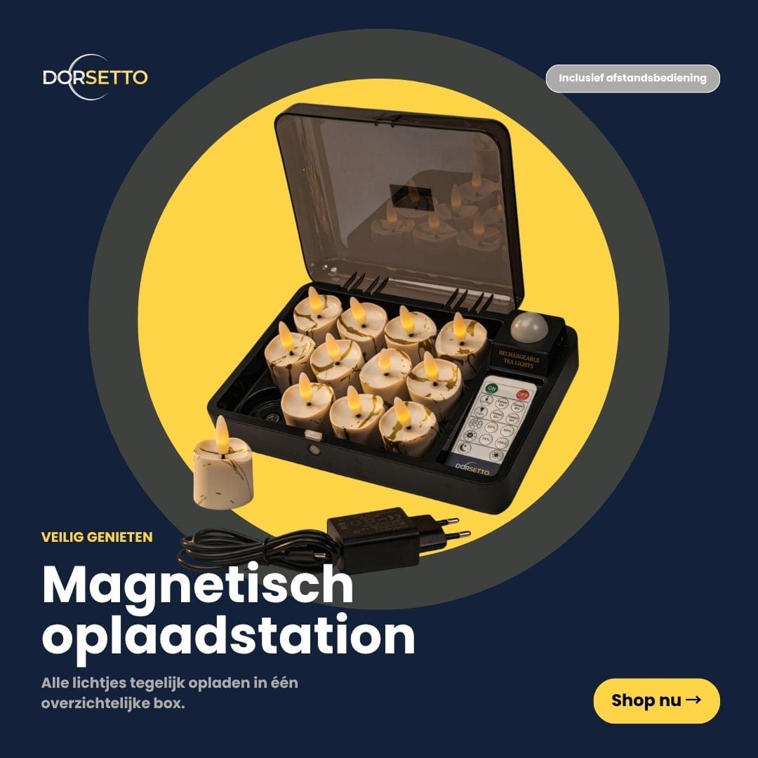 Een zwarte doos bevat 12 oplaadbare 3D-LED-theelichtjes (tot 400 uur), een afstandsbediening en een stekker, weergegeven in een gele cirkel. In de Nederlandse tekst wordt reclame gemaakt voor een magnetisch oplaadstation, zodat je veilig kunt genieten van de timerfunctie.