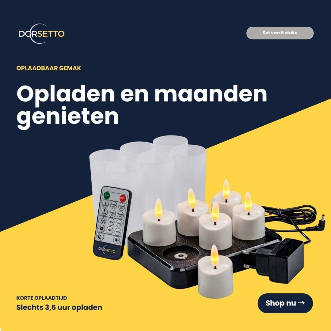 Zes oplaadbare 3D-LED-theelichtjes (tot 400 uur), met afstandsbediening, timerfunctie, oplaadstation en kabels op een geel-blauwe achtergrond met Nederlandse tekst die het gemakkelijke opladen en het langdurige gebruik benadrukt.