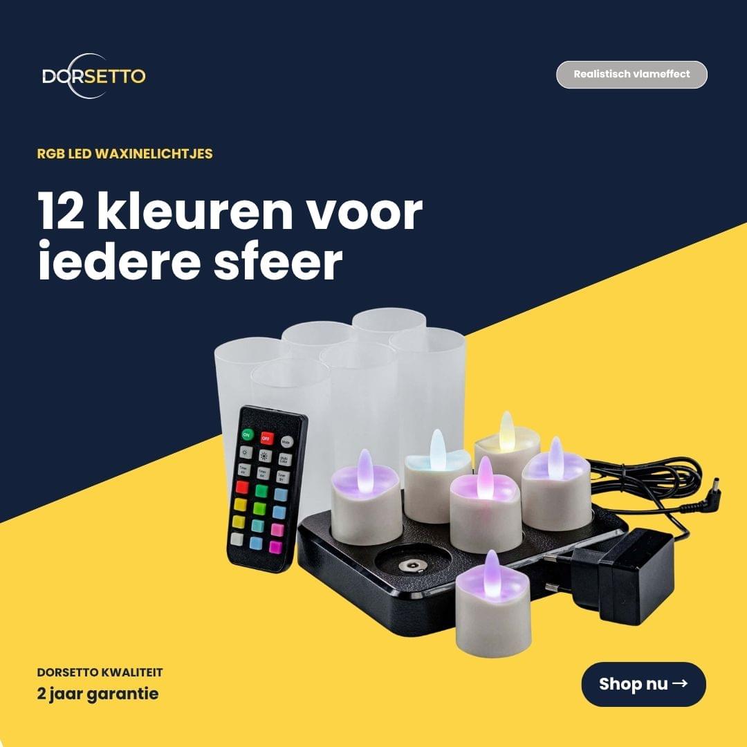 RGB LED-theelichtjes (6 stuks), waterdicht, tot 160 uur oplaadbaar, incl. afstandsbediening, oplaadstation, adapter en 6 matte houders op een donkere achtergrond. „12 kleuren voor elke sfeer.”.