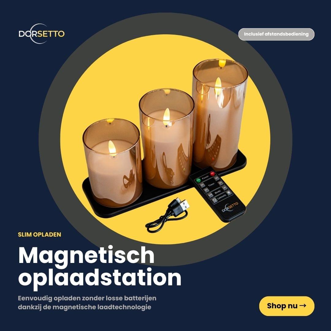 De DORSETTO-set met oplaadbare LED-kaarsen (3 stuks, 105 uur brandtijd) bevat drie LED-kaarsen, een zwart magnetisch oplaadstation, een afstandsbediening en een USB-kabel. Gepresenteerd tegen een donkere achtergrond met gele accenten en Nederlandse tekst.