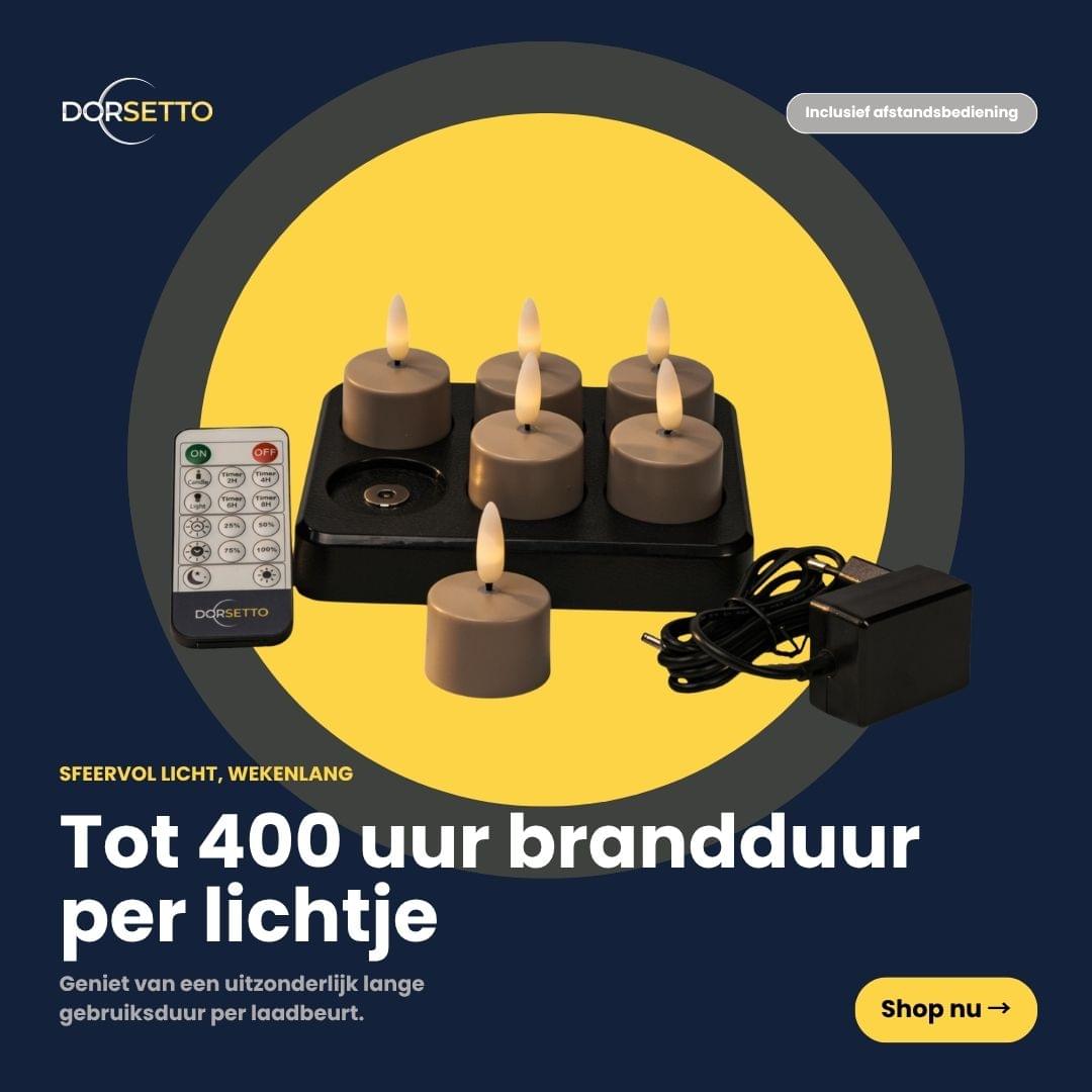 Een set van zes beige oplaadbare waxinelichtjes met een brandduur tot 400 uur, afstandsbediening en oplader, afgebeeld op een donkere achtergrond met gele accenten en Nederlandse tekst over de lange levensduur van de batterij.
